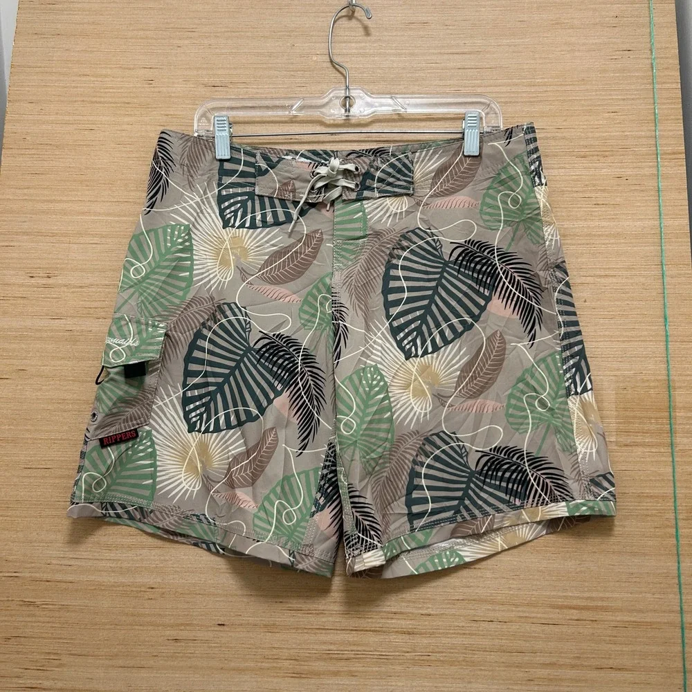 Maui Rippers Mens Size 8 Tropical Leaf Print Board Shorts Tan Green Surf Swim